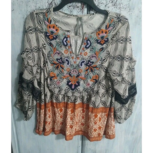 Anthropology Ruffled Embroidered Top Xs Boho Feminine Cottage Core - Picture 1 of 11